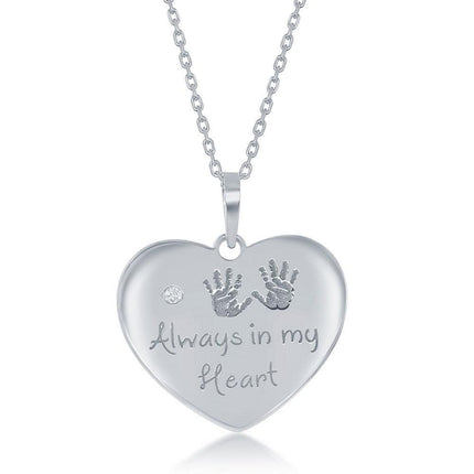 Sterling Silver Engraved Hand Prints Always in my Heart Single CZ Heart Necklace ,