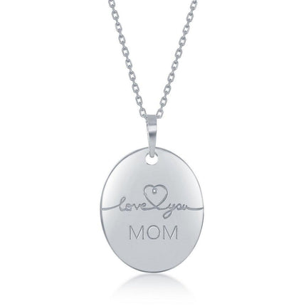Sterling Silver Engraved Love You Mom Oval Necklace ,
