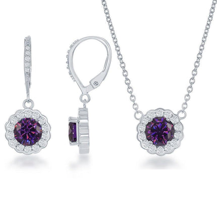 Sterling Silver February Birthstone With CZ Border Round Earrings and Necklace Set ,