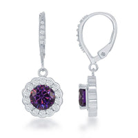 Sterling Silver February Birthstone With CZ Border Round Earrings and Necklace Set ,