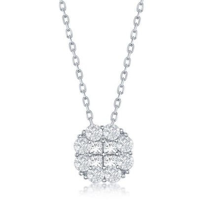 Sterling Silver Flower Design Cubic Zirconia Necklace ,