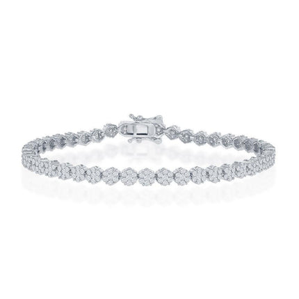 Sterling Silver Flower Design CZ 4mm Tennis Bracelet, 7.5" ,