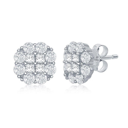 Sterling Silver Flower Design CZ Stud Earrings ,