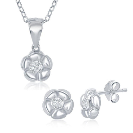 Sterling Silver Flower with Single CZ Necklace and Earrings Set ,