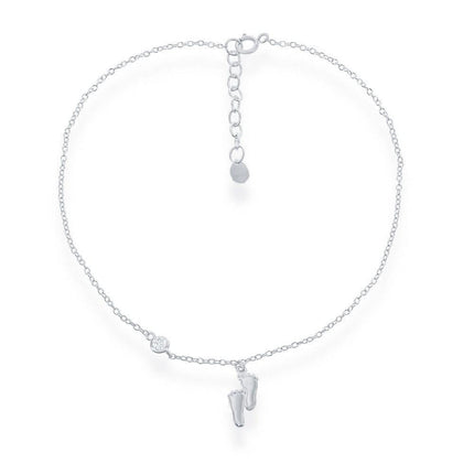 Sterling Silver Foot Prints with Single CZ Anklet ,