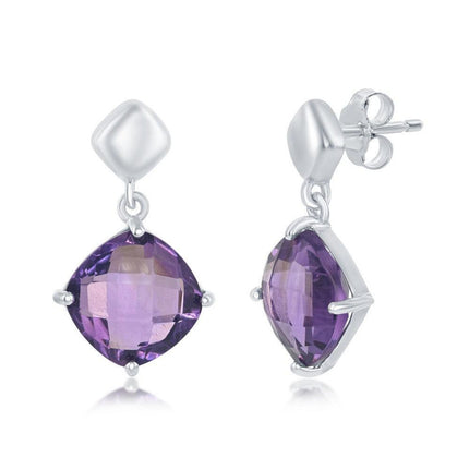Sterling Silver Four-Prong Amethyst Cushion-Cut Square Dangle Earrings ,
