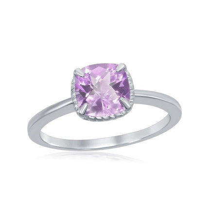 Sterling Silver Four-Prong Square Amethyst Rope Design Border Ring ,