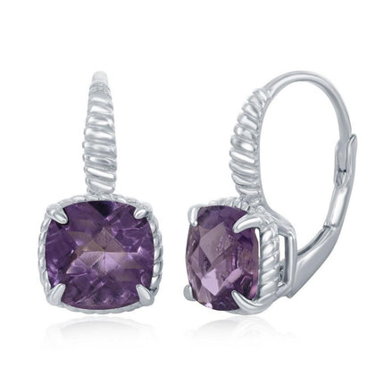 Sterling Silver Four-Prong Square Amethyst with Rope Design Border Earrings ,