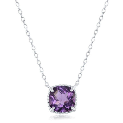 Sterling Silver Four-Prong Square Amethyst with Rope Design Border Necklace ,