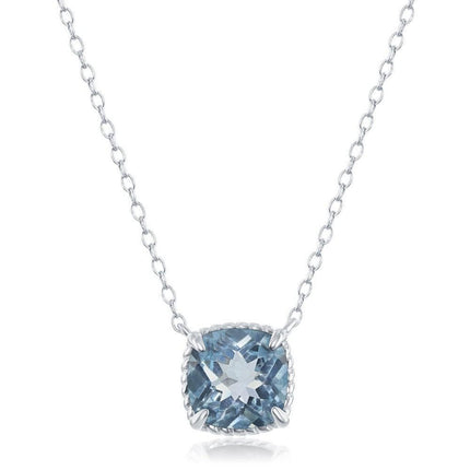 Sterling Silver Four-Prong Square Blue Topaz with Rope Design Border Necklace ,