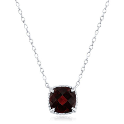 Sterling Silver Four-Prong Square Garnet with Rope Design Border Necklace ,