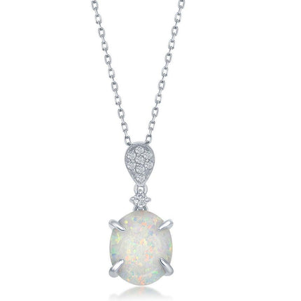 Sterling Silver Four-Prong White Inlay Opal Pendant ,