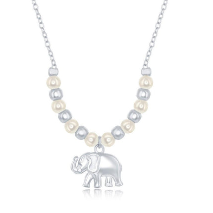Sterling Silver FWP and Plain Bead Elephant Charm Necklace ,