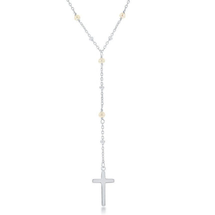 Sterling Silver FWP & Plain Beads By The Yard Cross Necklace ,