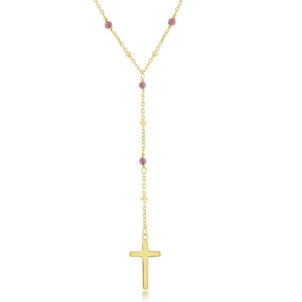 Sterling Silver Garnet & Plain Beads by the Yard Cross Rosary Necklace -Gold Plated ,