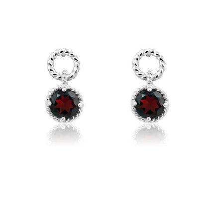 Sterling Silver Garnet Gemstone Twisted Wire Circle Earrings ,