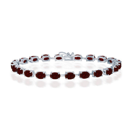 Sterling Silver Garnet Oval Gemstone Link Tennis Bracelet ,