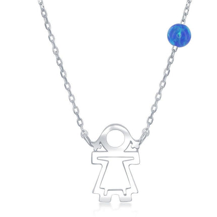 Sterling Silver Girl Cut-out with Blue Opal Bead Necklace ,