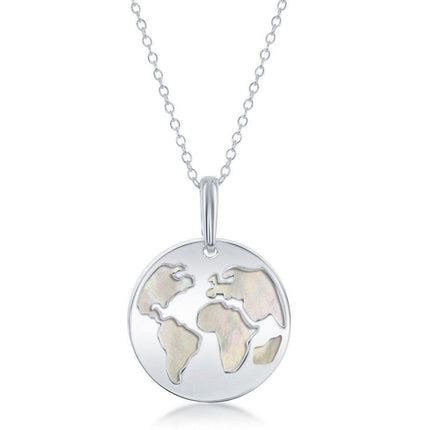 Sterling Silver Globe Cut-Out with MOP Disc Necklace ,