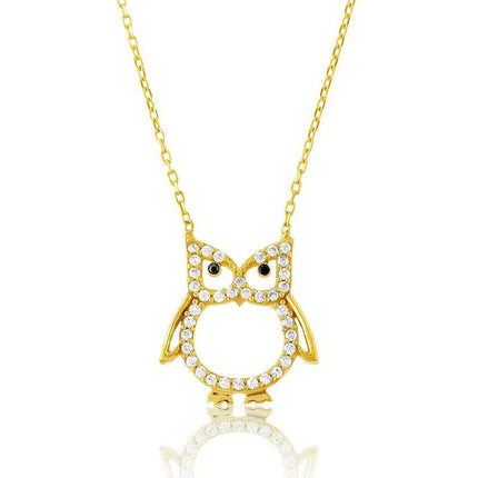 Sterling Silver Gold CZ Open Owl Necklace ,