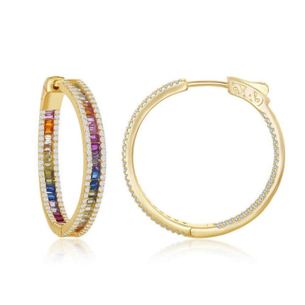 Sterling Silver Gold Plated 4x30mm Rainbow CZ Hoop Earrings ,