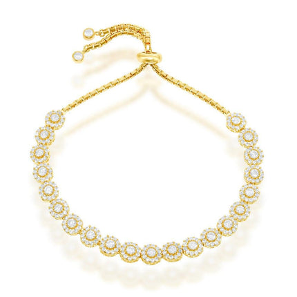 Sterling Silver Gold Plated Adjustable Round CZ Bolo Bracelet ,