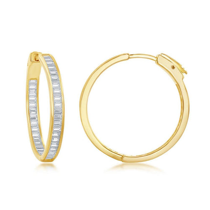 Sterling Silver Gold Plated Baguette CZ Earrings, 4 x 30 mm ,