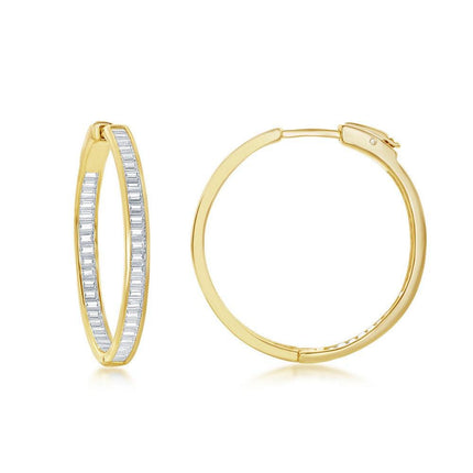 Sterling Silver Gold Plated Baguette CZ Earrings, 4 x 35 mm ,