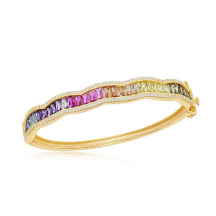 Sterling Silver Gold Plated Baguette Rainbow CZ Bangle ,