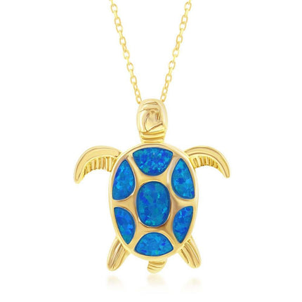 Sterling Silver Gold Plated Blue Inlay Opal Turtle Pendant ,