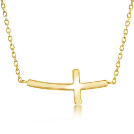 Sterling Silver Gold Plated Curved Sideways Cross Necklace ,