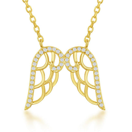 Sterling Silver Gold Plated CZ Angel Wings Necklace ,