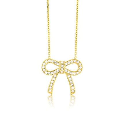 Sterling Silver Gold Plated CZ Bow Necklace ,