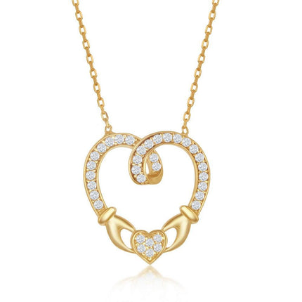 Sterling Silver Gold Plated CZ Claddagh Heart Necklace ,