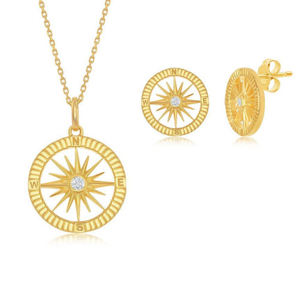 Sterling Silver Gold Plated CZ Compass Pendant & Earrings Set With Chain ,