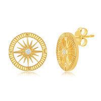 Sterling Silver Gold Plated CZ Compass Pendant & Earrings Set With Chain ,