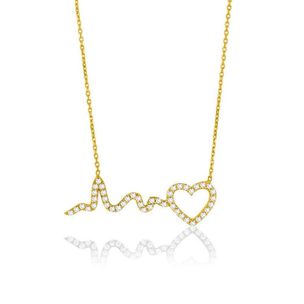 Sterling Silver Gold Plated CZ Heart Heartbeat Necklace ,