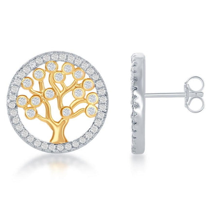 Sterling Silver Gold Plated CZ Round Tree Earrings ,