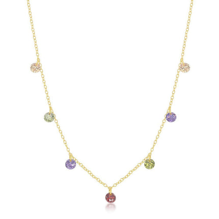 Sterling Silver Gold Plated Dangling Rainbow CZ Necklace ,