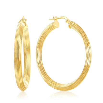 Sterling Silver Gold Plated Designed Hoop Earrings, 35mm ,