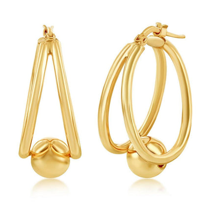 Sterling Silver Gold Plated Double Oval with 8mm Bead Earrings ,