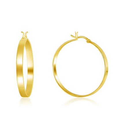 Sterling Silver Gold Plated Flat Hoop Earrings, 4 x 30 mm ,
