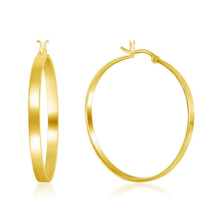 Sterling Silver Gold Plated Flat Hoop Earrings, 4 x 40 mm ,