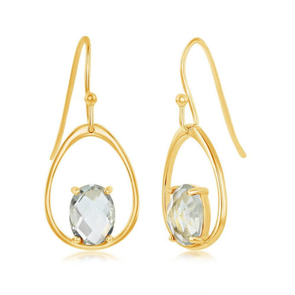 Sterling Silver Gold Plated Four Prong Green Amethyst Earrings ,
