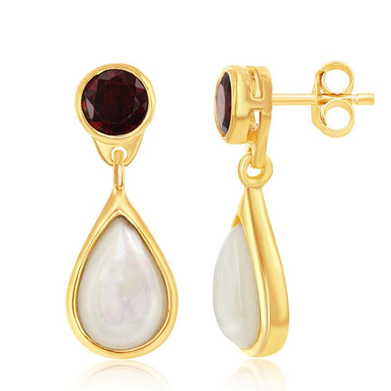 Sterling Silver Gold Plated Garnet and Mother of Pearl Earrings ,