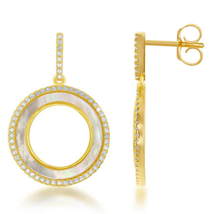 Sterling Silver Gold Plated MOP CZ Circle Earrings ,