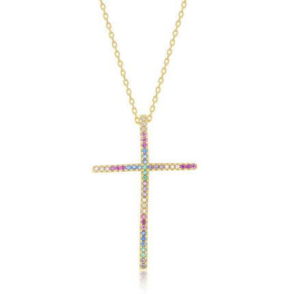 Sterling Silver Gold Plated Multi-Color CZ Cross Pendant ,