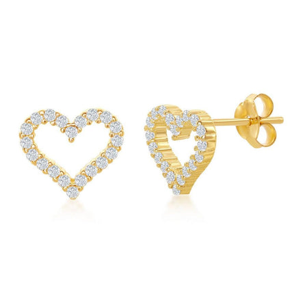 Sterling Silver Gold Plated Open Heart CZ Stud Earrings ,