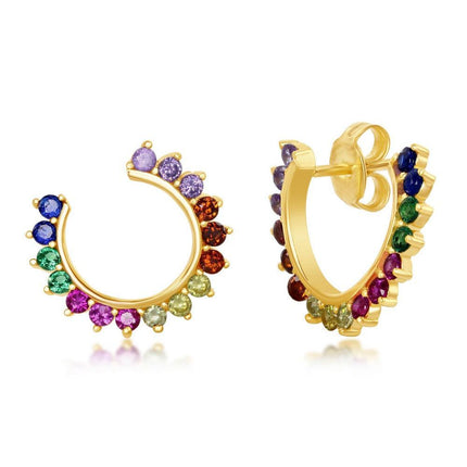 Sterling Silver Gold Plated Open Hoop Rainbow CZ Stud Earrings ,