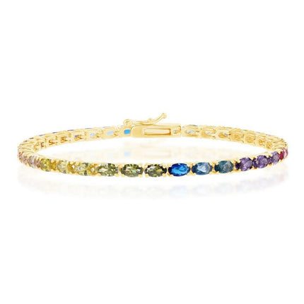 Sterling Silver Gold Plated Oval Rainbow CZ Tennis Bracelet ,